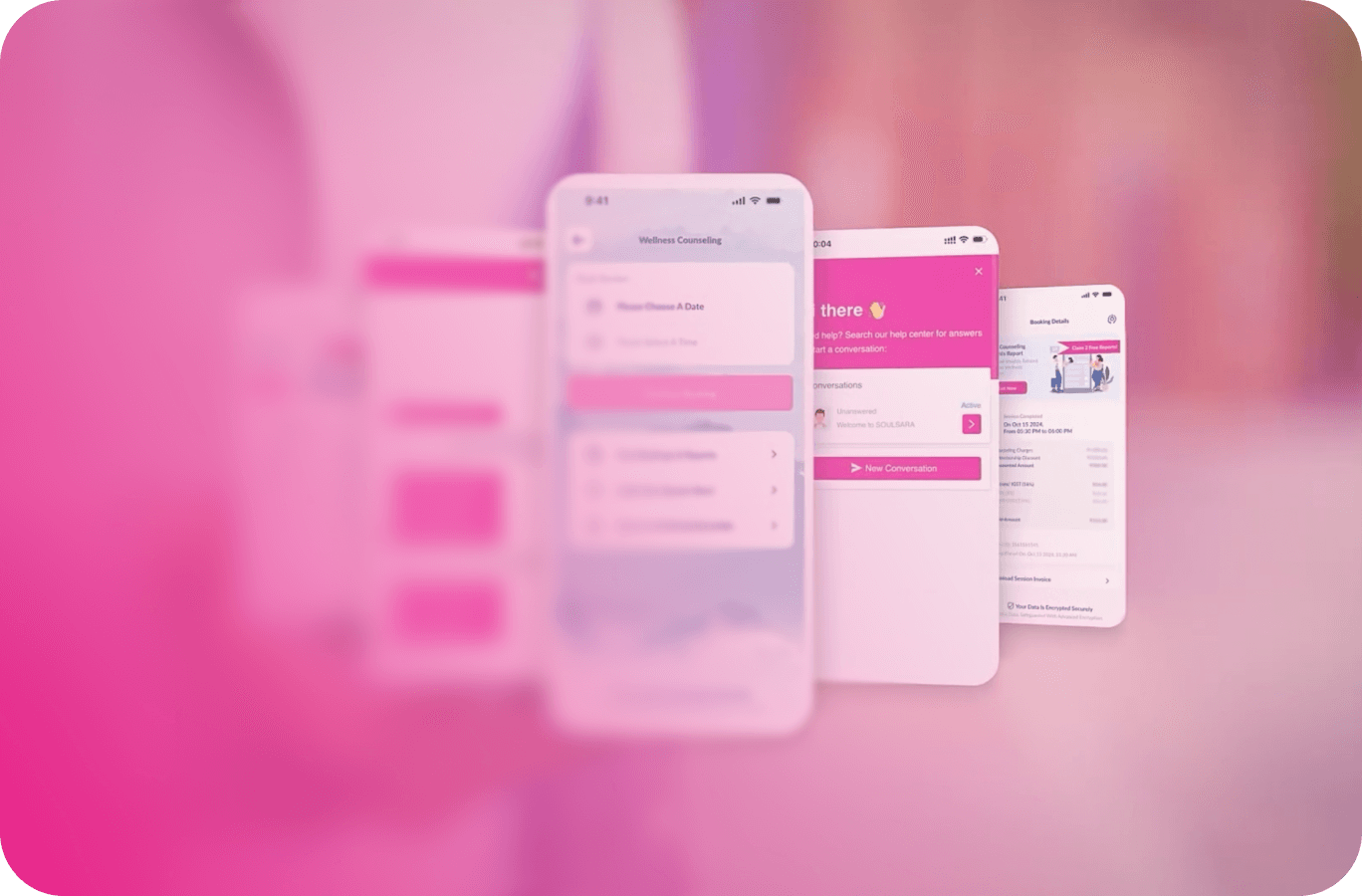 Mobile wellness counseling app interface showing booking, chat support, and session details